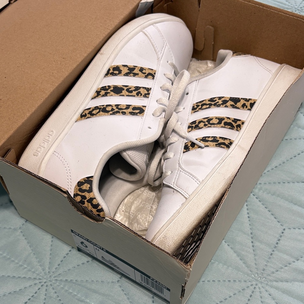 Adidas Girls White Sneakers with Leopard Accents